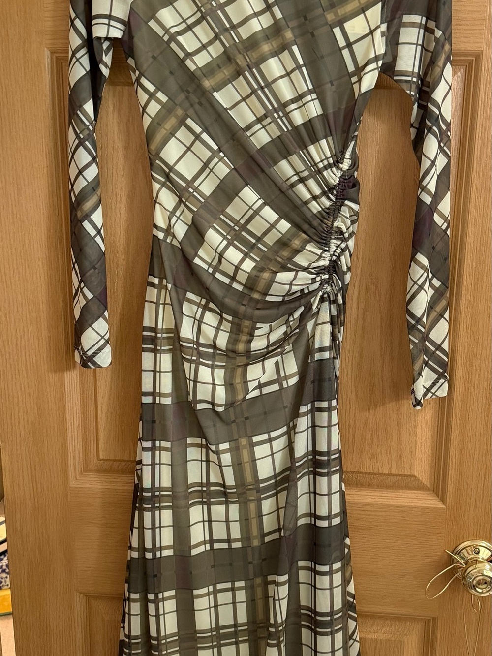 Anthropologie Ruched Mesh Midi Dress NWT XS Brown Plaid Long Sleeve Asymmetrical - Picture 8 of 8